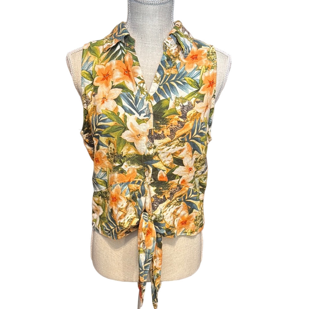 Panama Jack Hawaiin Tropical Sleeveless Tie-Front Blouse